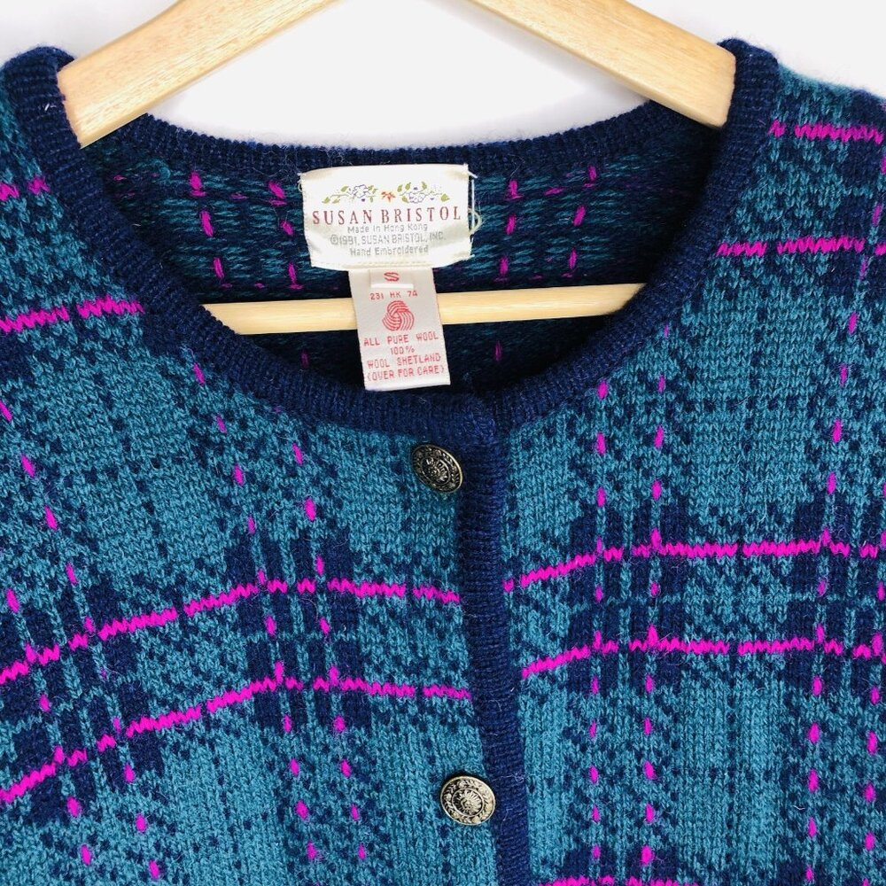 Vtg 90s SUSAN BRISTOL Dark Green Wool Button Up Plaid Cardigan Sweater S Women - Picture 2 of 5